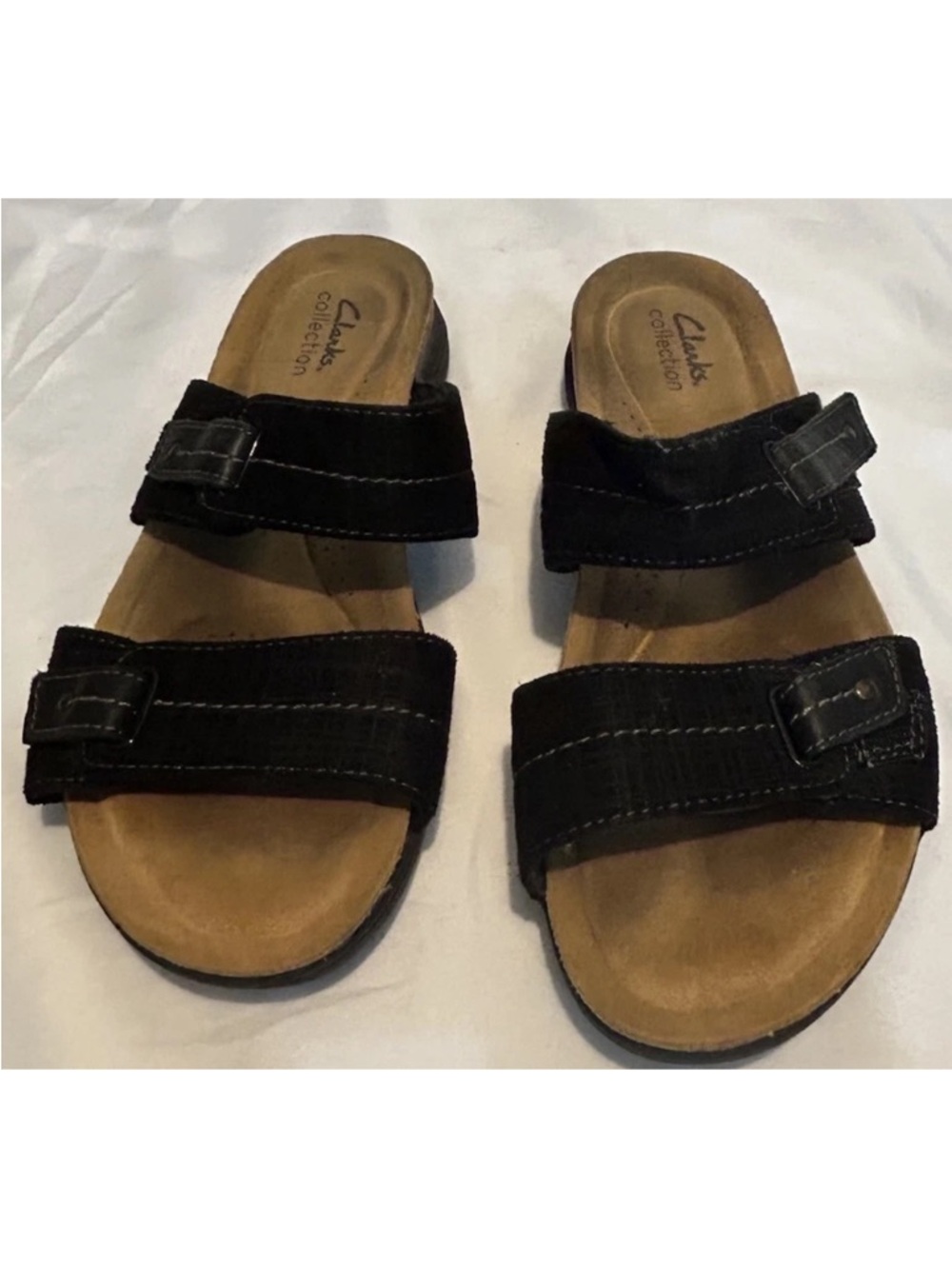 Clarks Black Double-Strap Slide Sandals with Buckle Accents